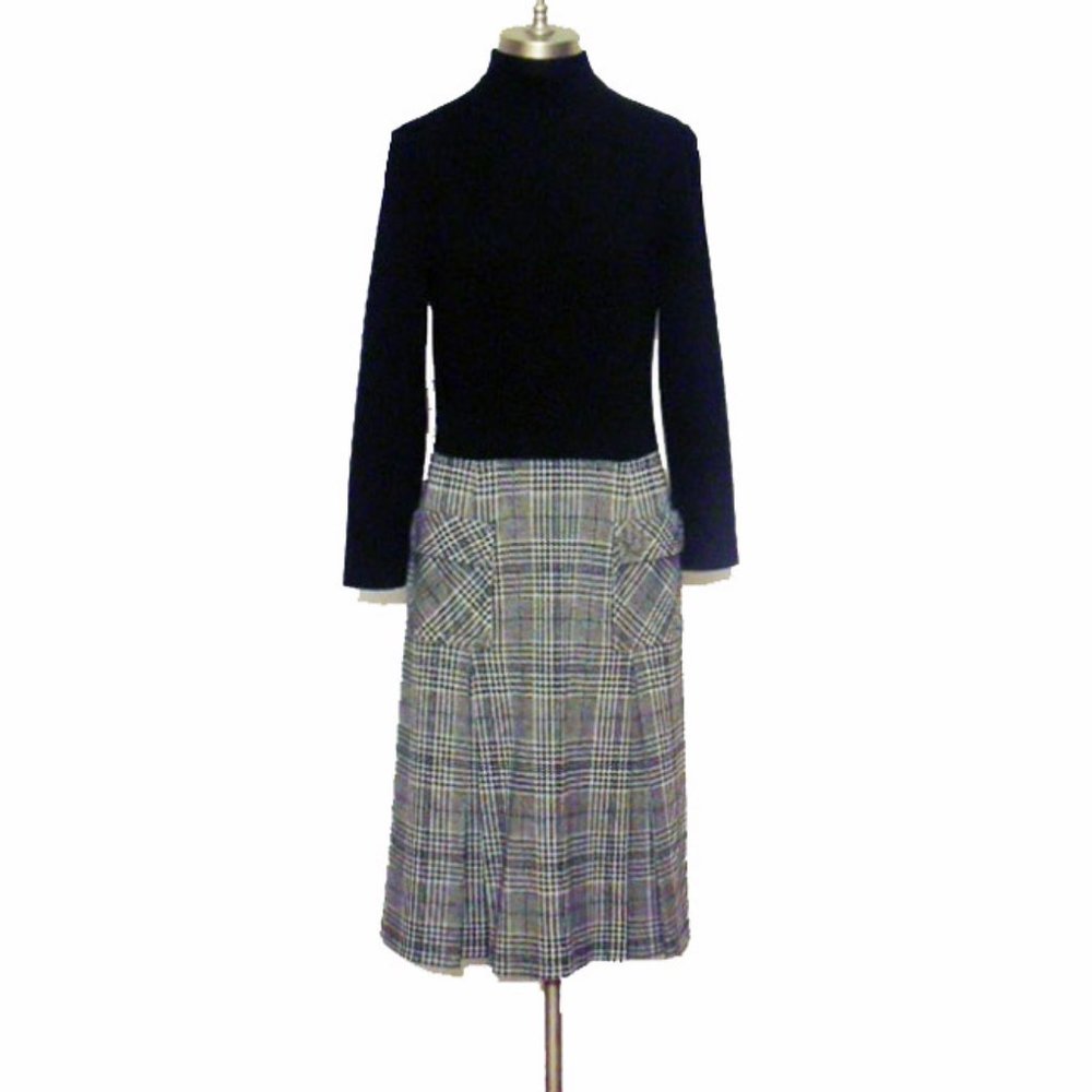 Vtg 70s Ribbed Houndstooth Plaid Dress M